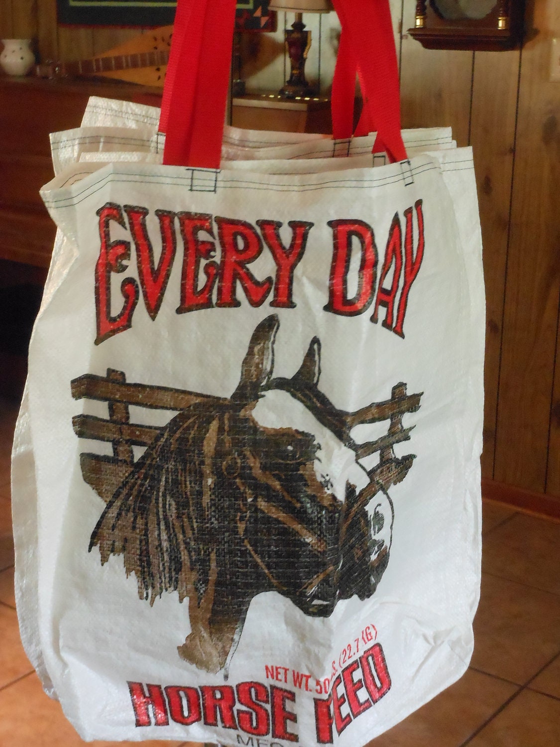 Horse Feed Tote Bag, red straps, upcycled, eco-friendly, great graphics
