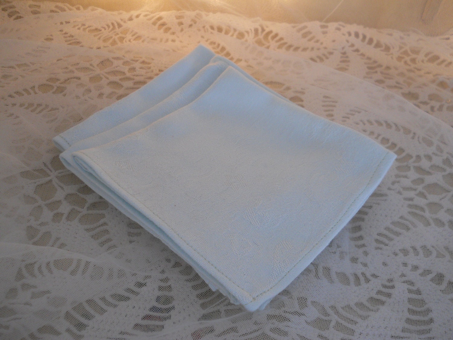 vintage shabby soft pale aqua damask napkins, cocktail or tea size, set of four