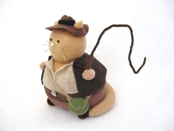 Indiana Jones Cat Pincushion cute felt kitty cat collectable or gift for animal lover...MADE-TO-ORDER...New