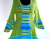 Crochet and Knit Tunic Top in Lime Green and Aqua, Size Medium  (12-14-16)