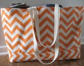Extra Large Beach Tote, Beach Bag Chevron,  Mandarin orange and natural