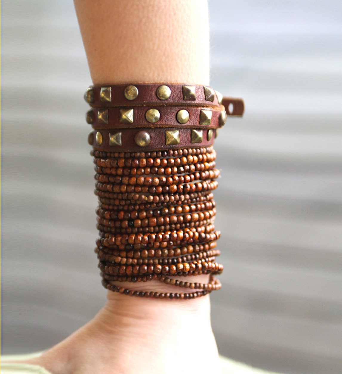 Natural Brown quality Wood round beads bracelet,  4 strings- perfect for layering, stretchy string