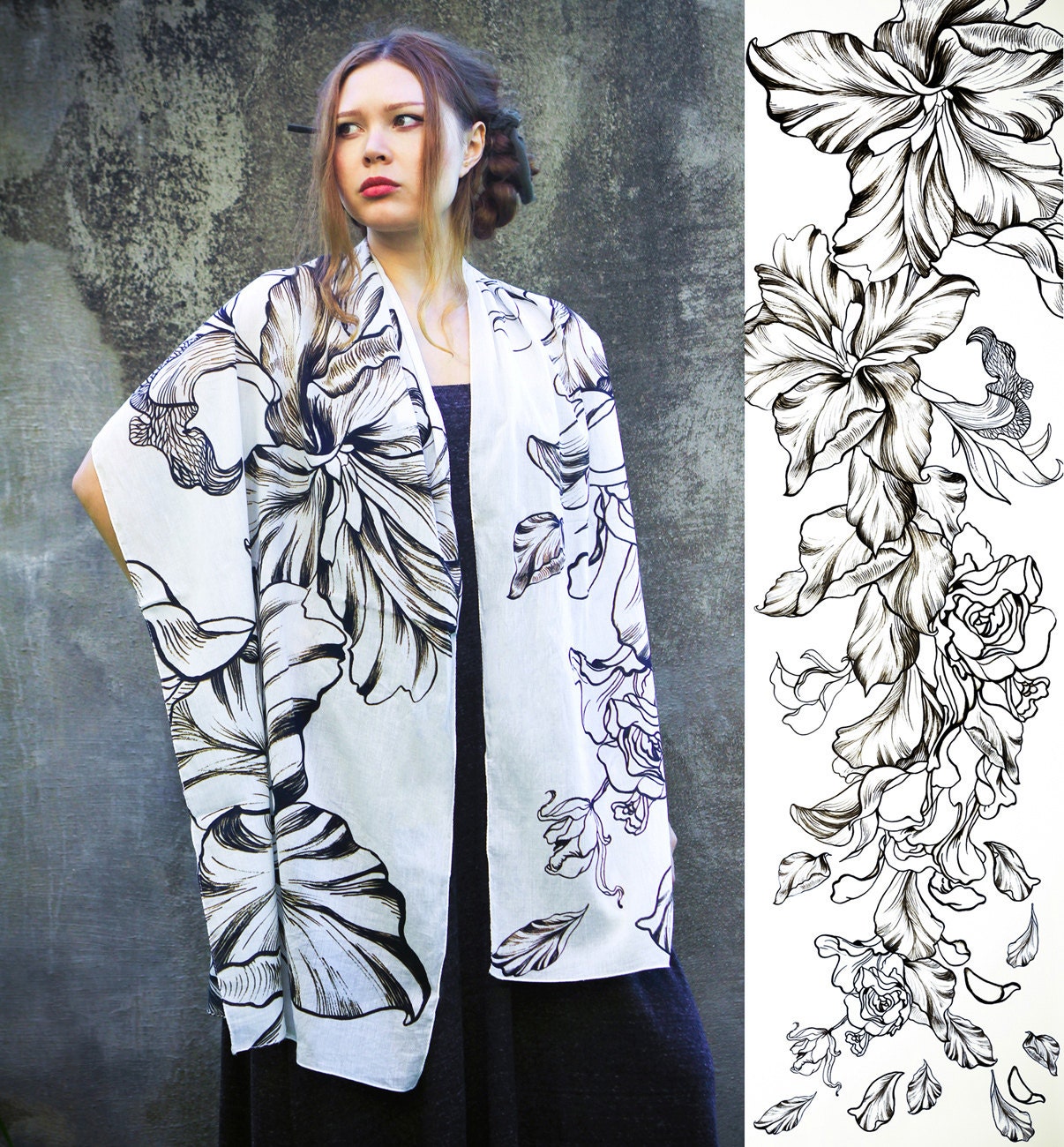 Women scarf, Original Art hand painted, Flowing Roses, petals, stunning unique and useful, perfect gift