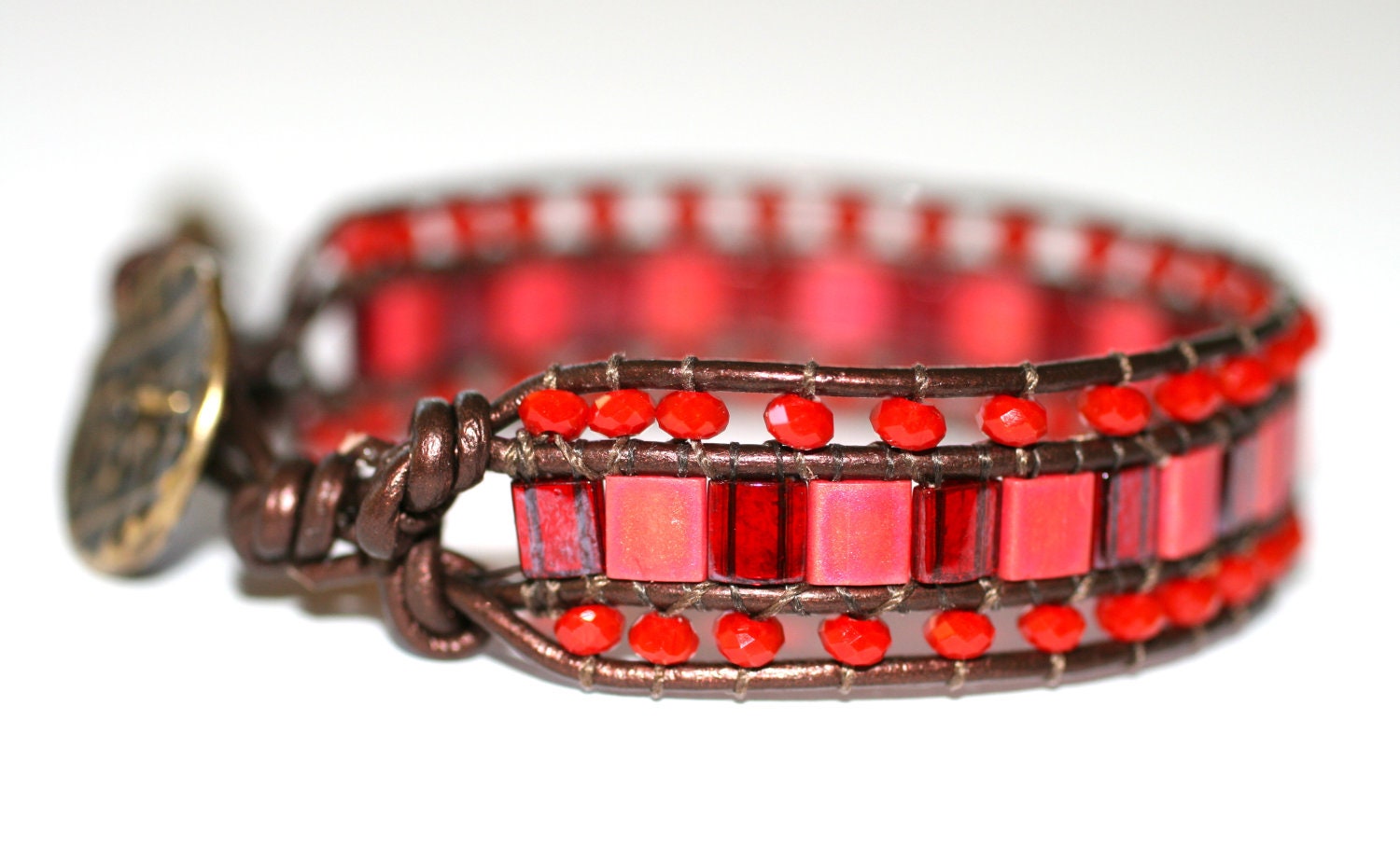 3 Row Red  Hot Tila Beaded Leather Cuff Bracelet