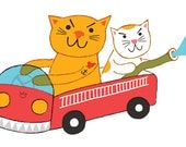 FIRE CATS: 4x6inch, 5 color screenprint