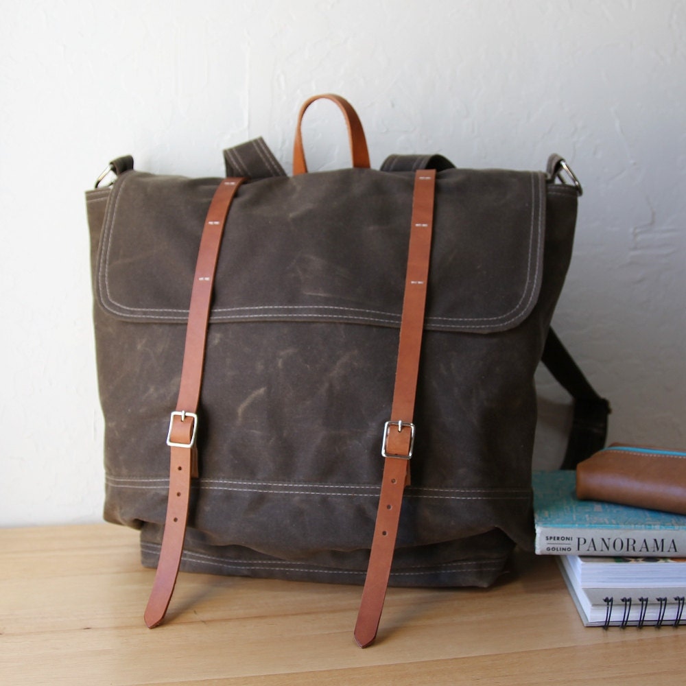 Waxed Canvas Backpack // Rucksack // Leather Straps // Organic Cotton Lining