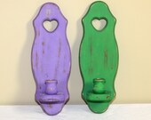 Sale 15% Off Wall Sconce Candle Holder Purple and Green Pair Upcycled Distressed Shabby