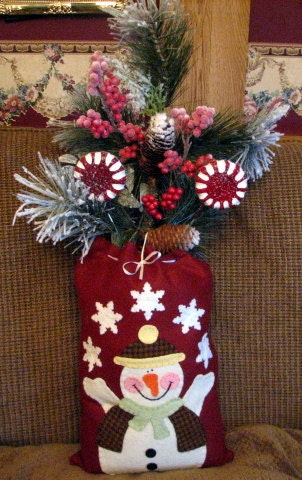 Hand Appliqued Wool-Felt Snowman Santa Bag and Greenery Holiday Decoration...26" X 12"....OFG Team