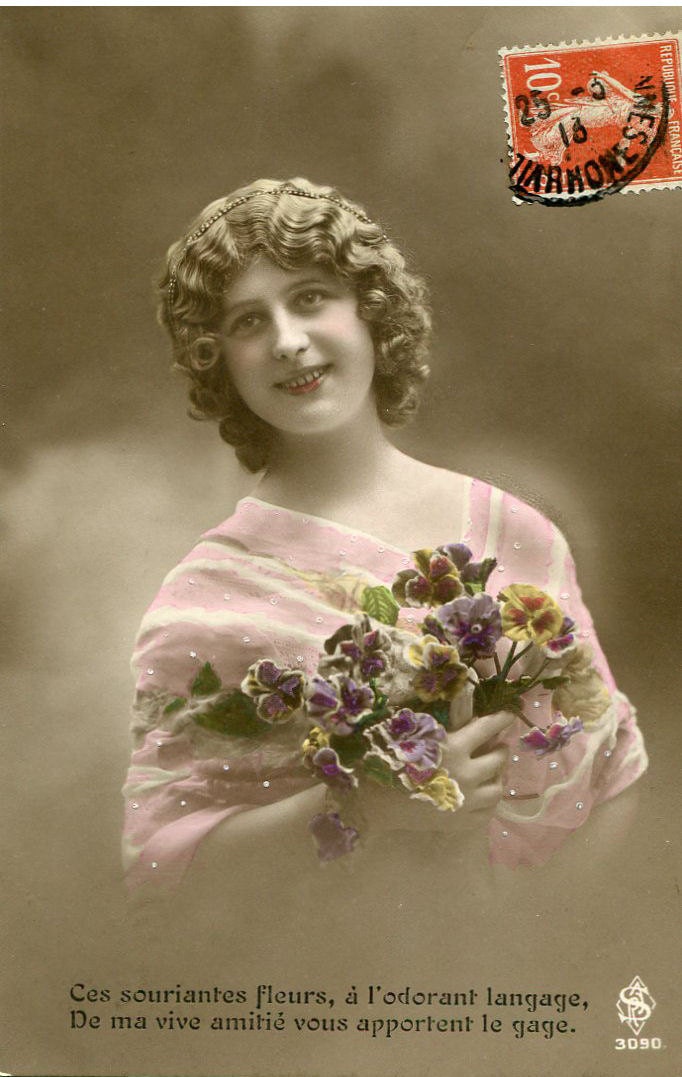 Original French vintage hand tinted real photo postcard - Lady with pansies - Victorian Paper Ephemera