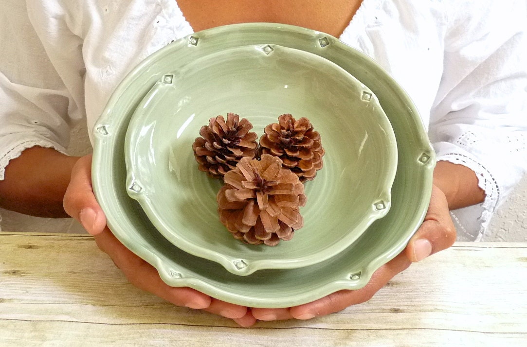 Ceramic Mother's Day Nesting Bowls Sage Green Set of Two Pottery Serving Dish Wheel Thrown