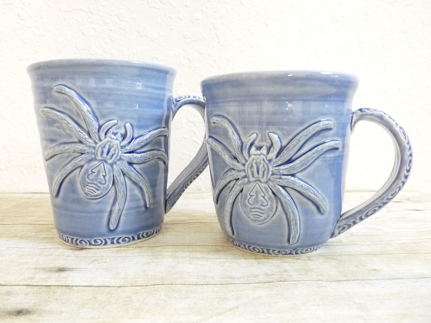 Spider Coffee Cups Mug Stoneware Pottery Blue Handmade Pair Wheel Thrown