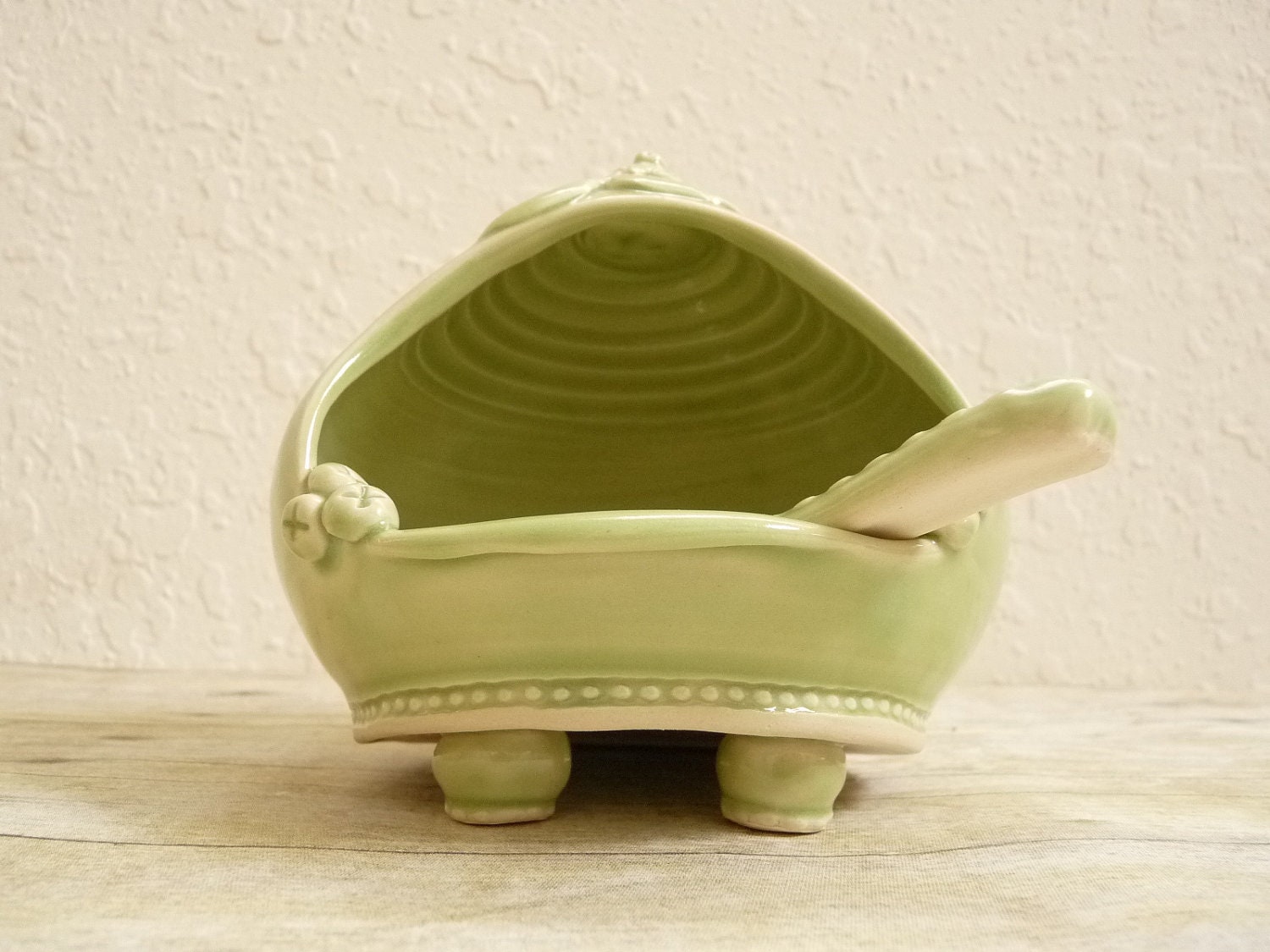 French Salt Pig Handcrafted Spoon Spring Green Salt Cellar Ceramic Stoneware Pottery For Gourmet Cook Or Kitchen Leaf Decor