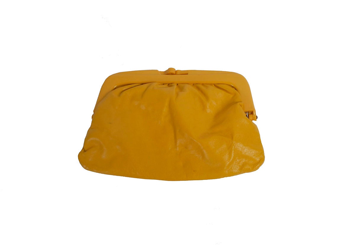 Vintage 80s Lemon Yellow Italian Leather Clutch Purse New Wave