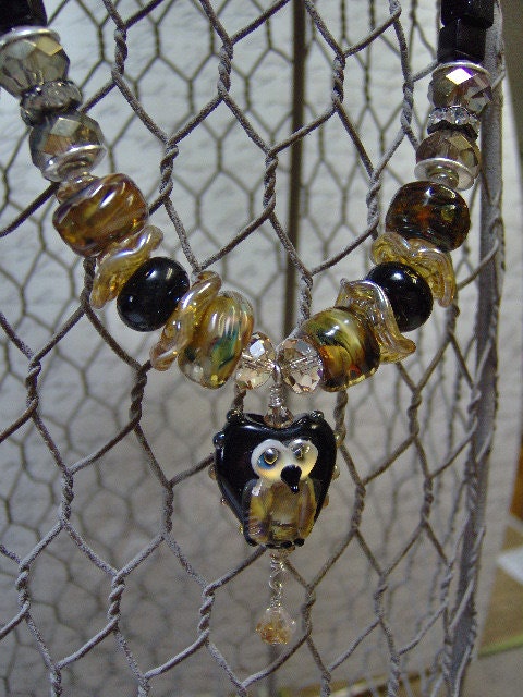 Artisan Lampwork and Gemstone Beaded Owl Pendant Necklace - Wire Wrapped Necklace - Golds and Black