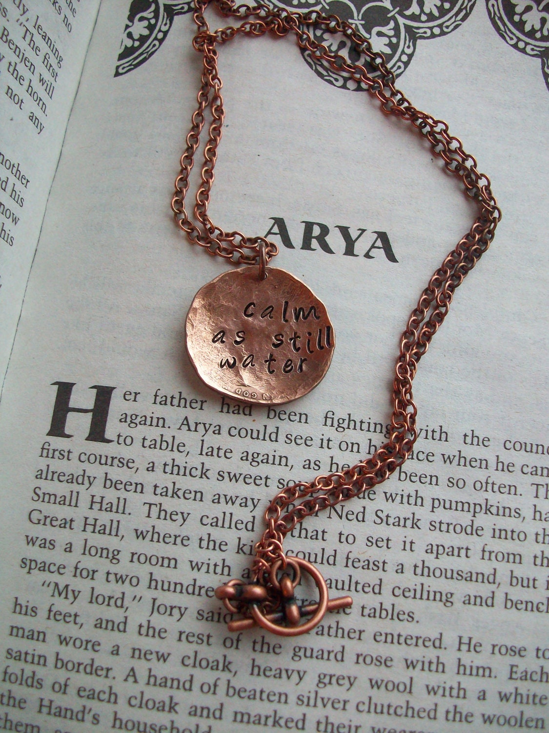Arya Game of Thrones inspired Necklace Hand Hammered the calm as still water jewelry