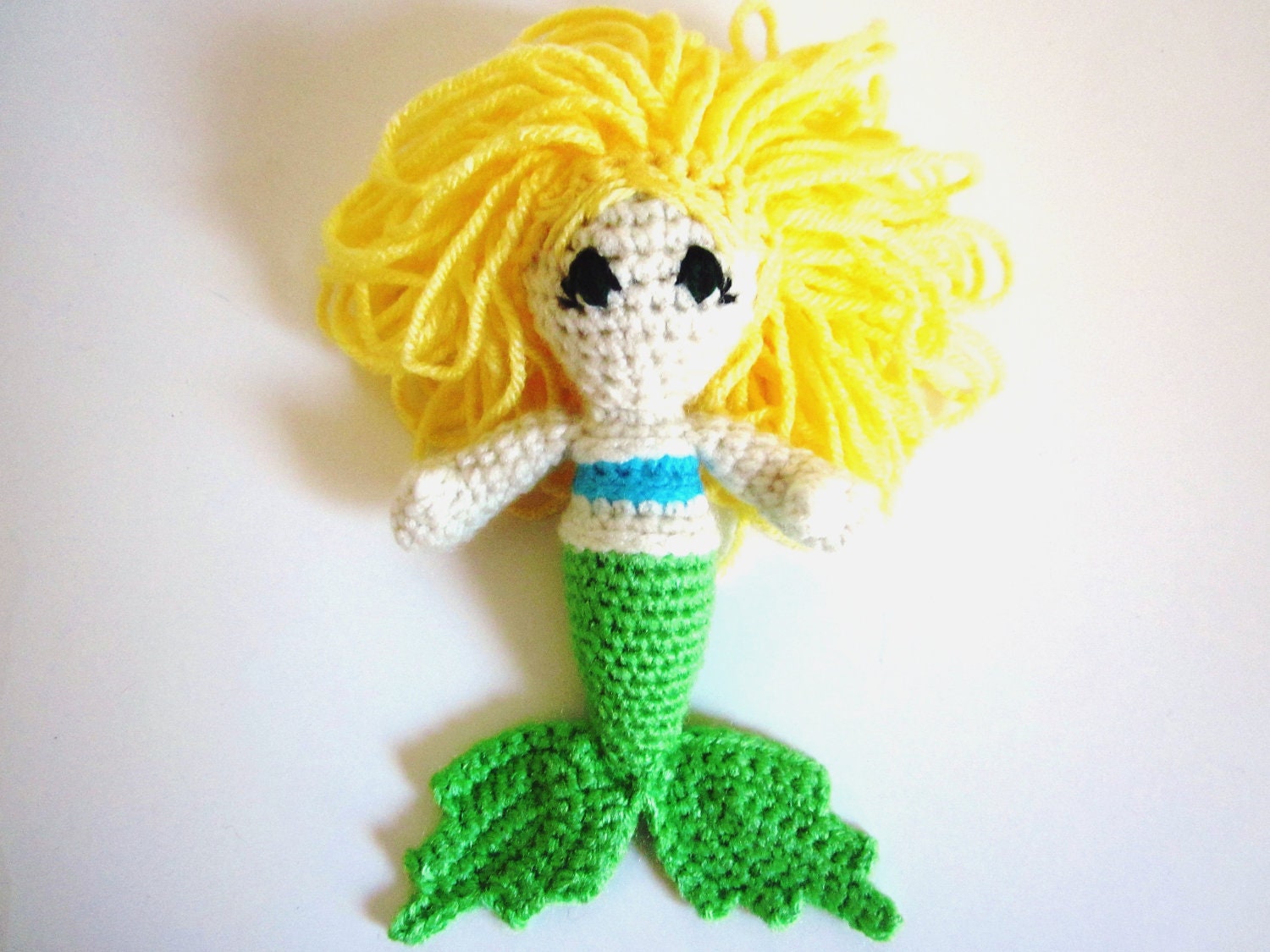 RATTLE Toy: Crocheted Long Blond Hair, Green Eyes, Light Skin Mermaid Amigurumi Doll in Blue and Green Washable Yarn - Original Design