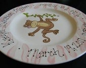 Personalized Hand Painted Girl Monkey Birth Announcement Plate