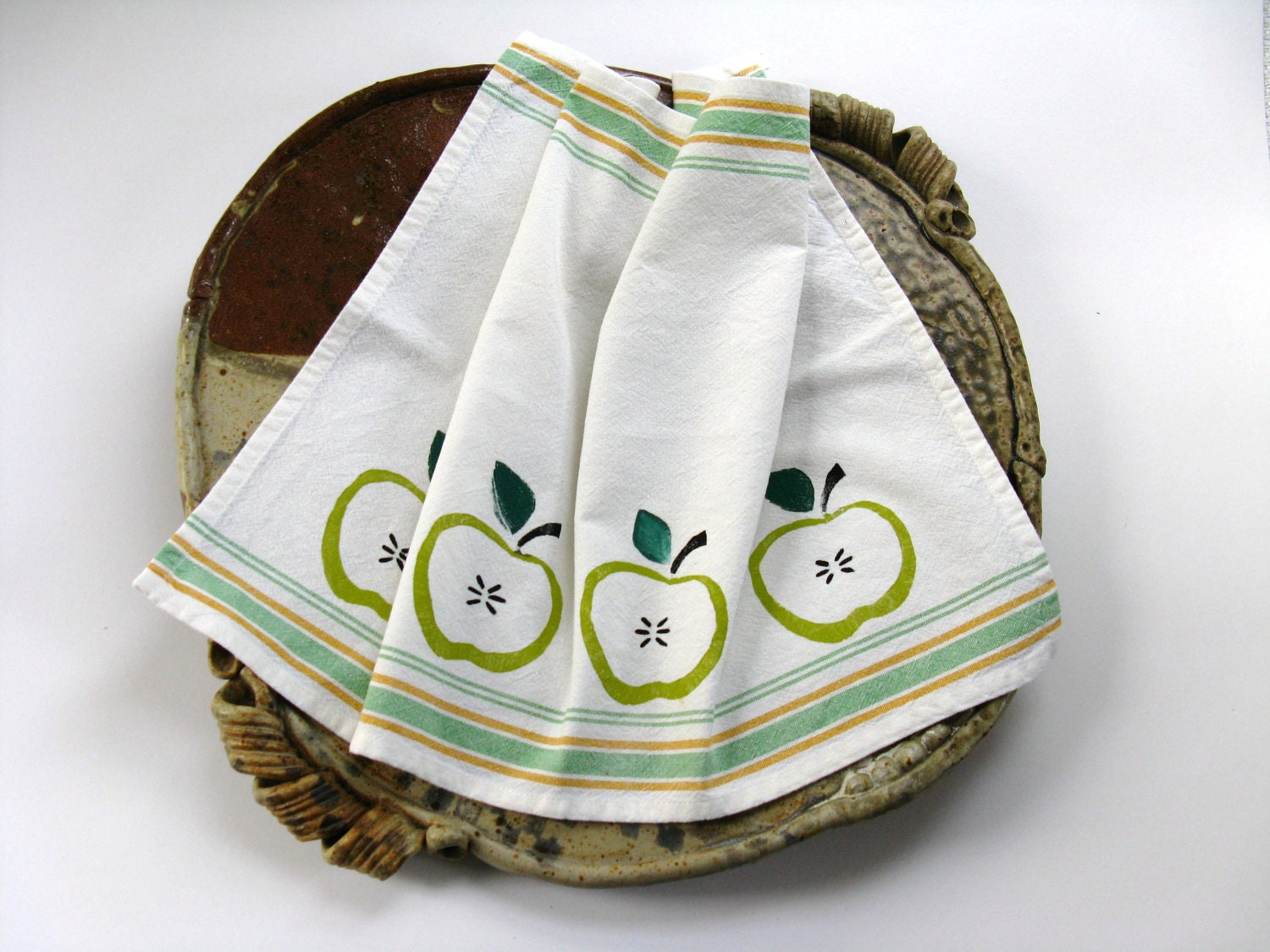 Kitchen Tea Towel, Green Apples, Hand Stamped, Cotton Dish Cloth