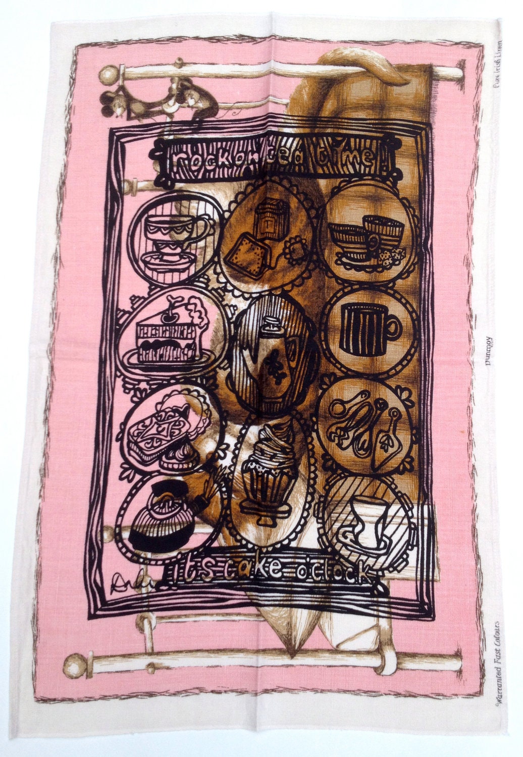 Vintage Upcycled Pink/Brown 'Rock on Tea Time' Illustrated Tea Towel