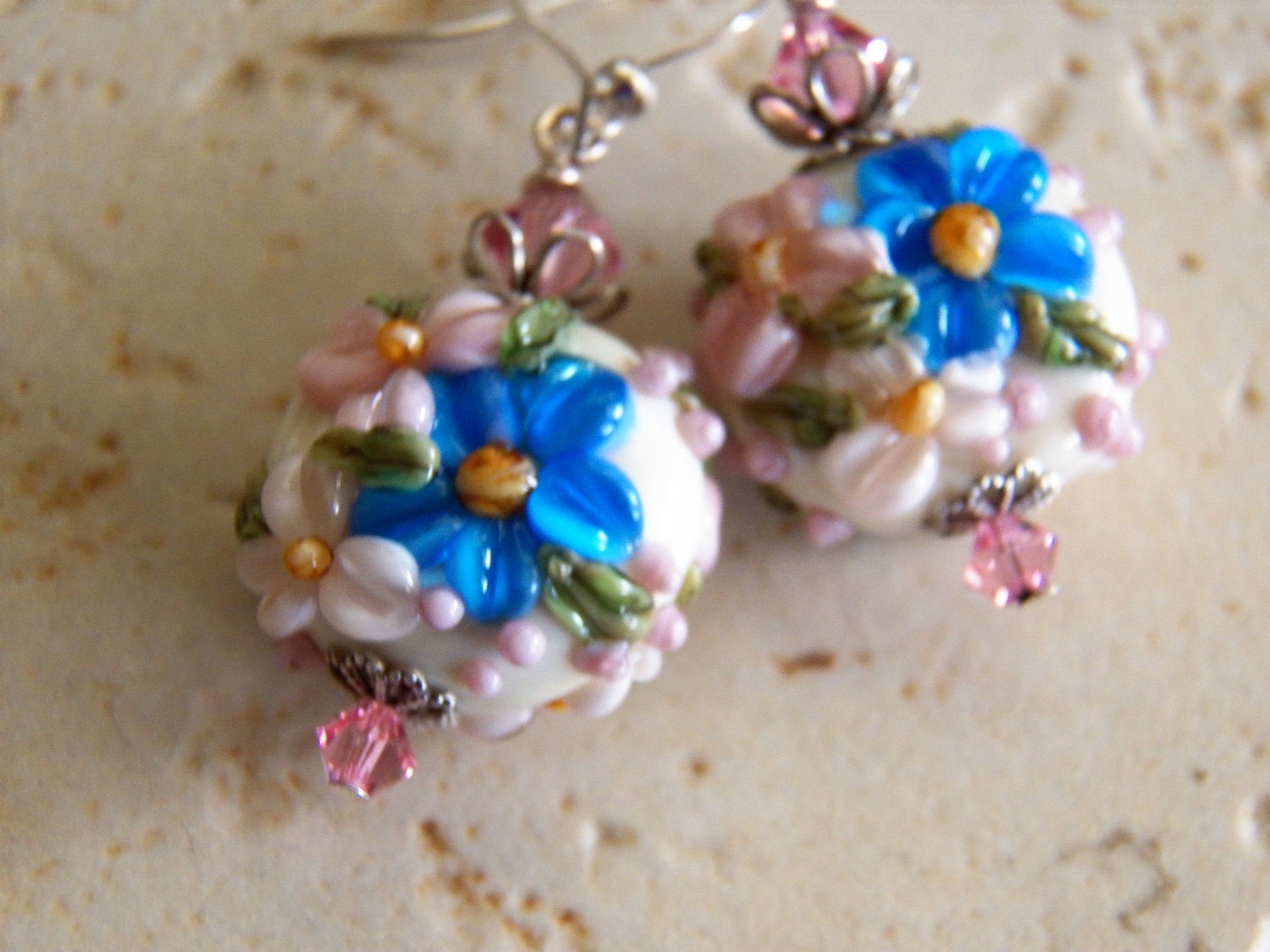 Ivory Lampwork Earrings with Blue and Pink Flowers , Summertime Floral Lampwork Earrings, TREASURY ITEM, under 40