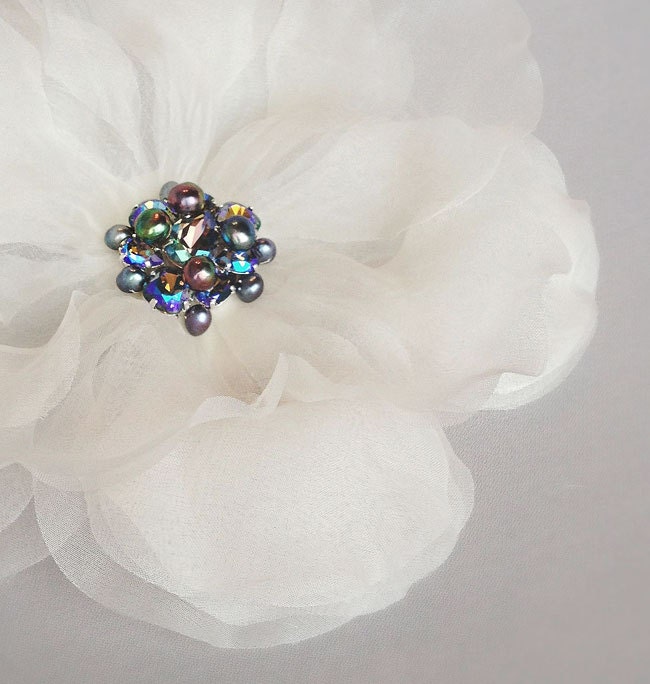 Large Ivory Silk Organza Bridal Headband Fascinator with Peacock Swarovski Rhinestone and Pearl Center  -Sample Sale