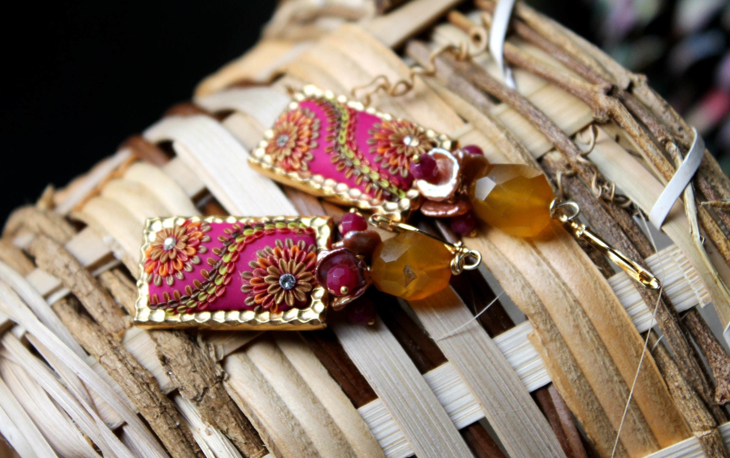 Golden Pink Keishi pearls, Rubellite Jade and Yellow amber chalcedony with clay floral earrings - Under the Cranberry Clouds