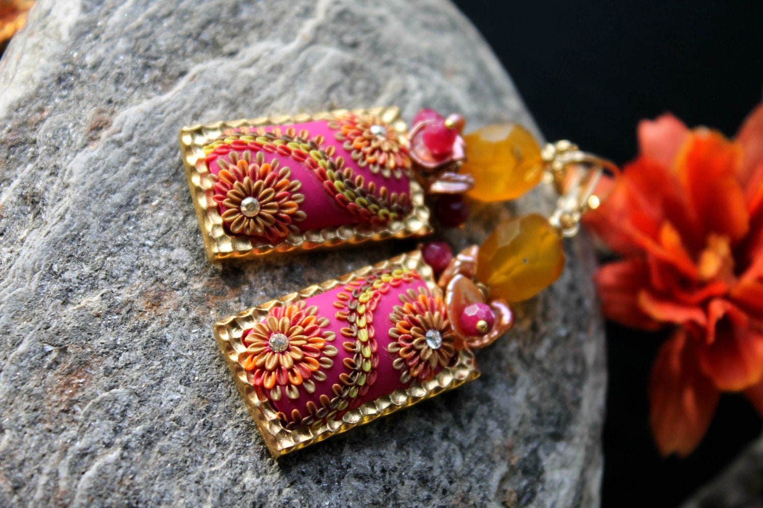 Golden Pink Keishi pearls, Rubellite Jade and Yellow amber chalcedony with clay floral earrings - Under the Cranberry Clouds