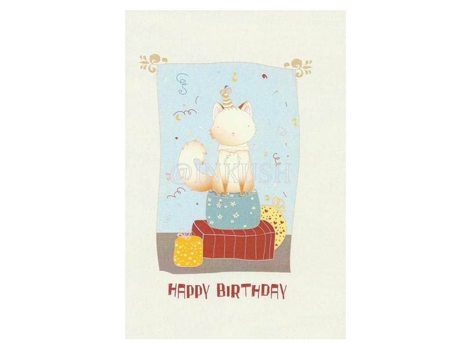 Birthday Greeting Card, Blank Card ,  Art Print Illustration 4x6" Red light blue and yellow
