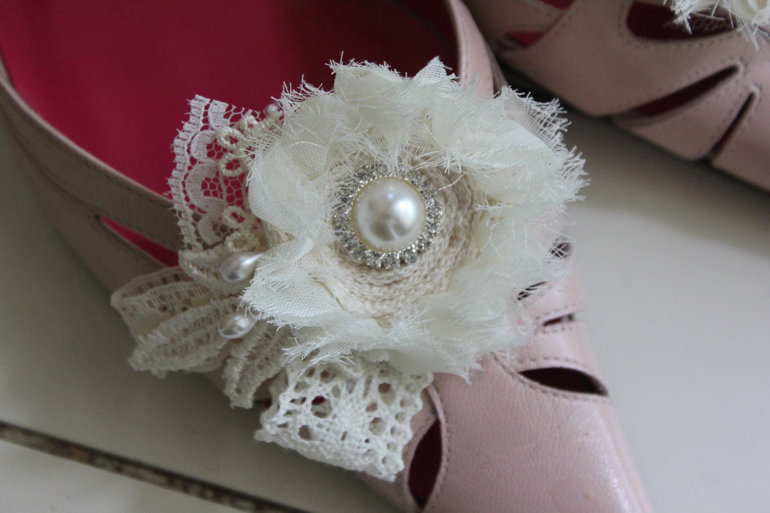 Lacey, bits of lace and pearl, ivory shoe clips