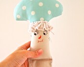 Cloth mushroom toadstool plush softie art doll pale green cream polka dot anthropomorphic