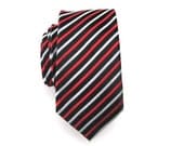 Skinny Tie - Black Red Gray Striped Skinny Necktie - TieObsessed