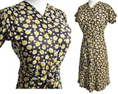 Vintage 40s Dress Bunny Rabbit Novelty Print Rayon Chiffon Blue Black & Yellow