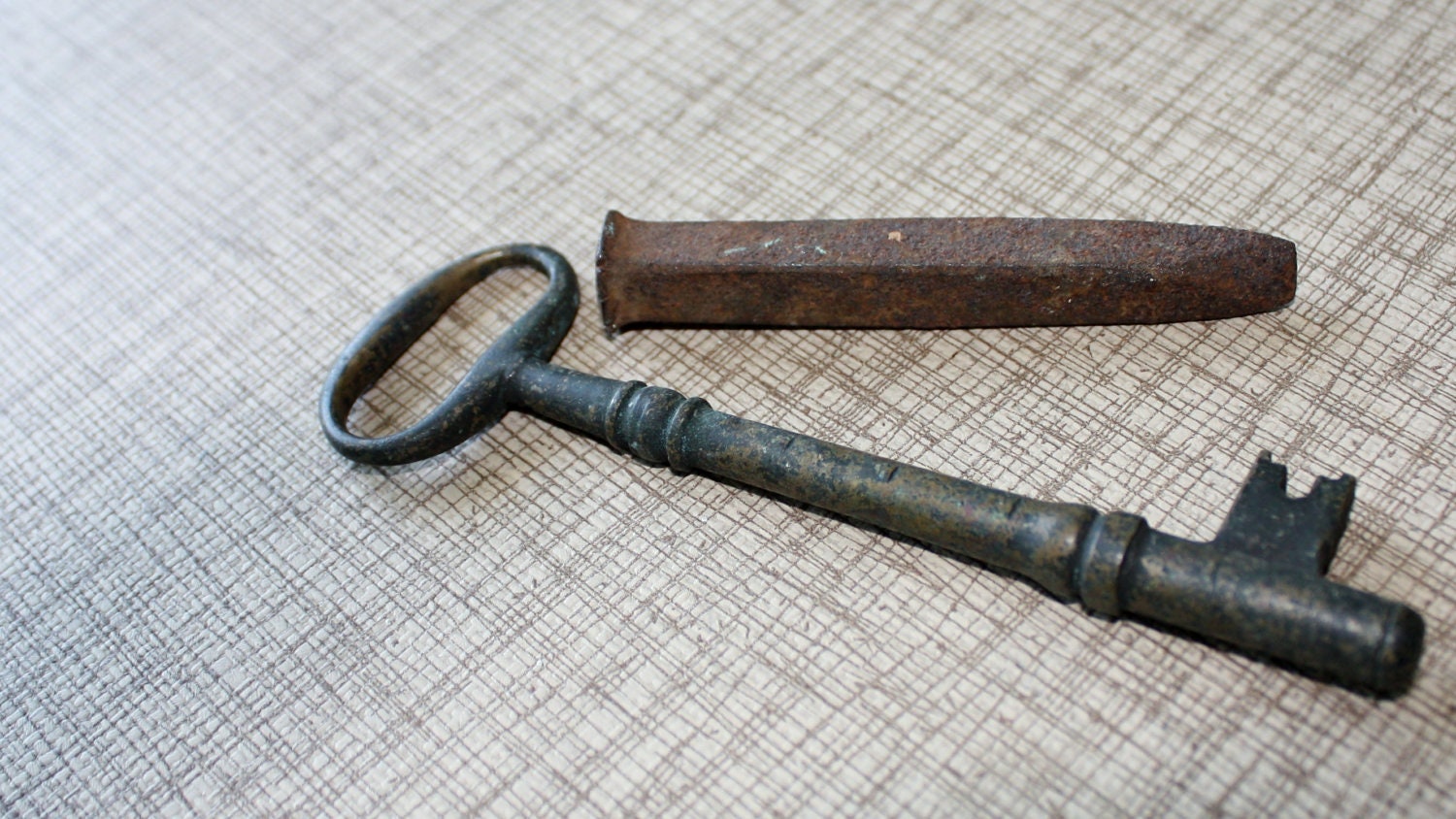 Antique Large Skeleton Key with Square Nail for Hanging Farmhouse