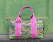 Weekender Duffel Bag in Green Paisley with Pink Handles made to order