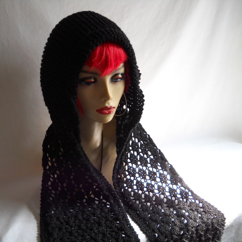 Black Spider Lace Hand Knit Wool Hoodie Scarf