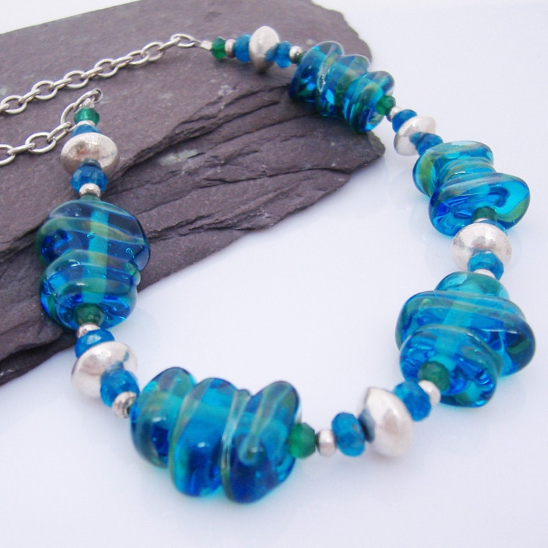 Artisan Lampwork, Apatite, Green Onyx and Silver Necklace -Electric