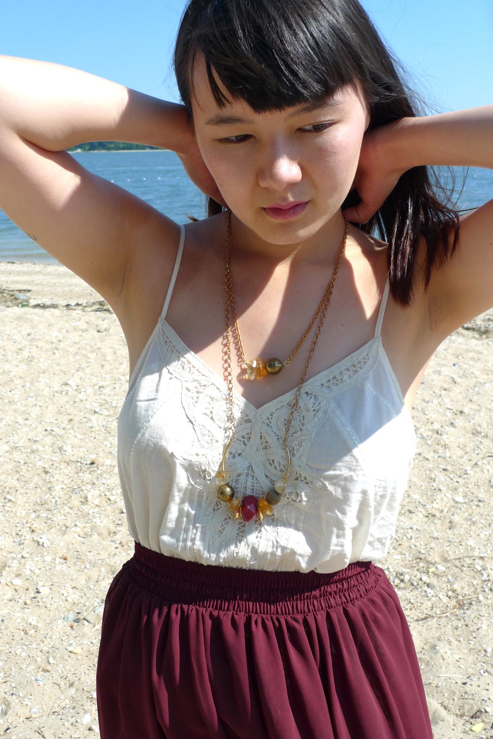 Long Statement Necklace Mixed Metal, Red Jade & Raw Citrine Gemstones