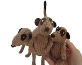 Meerkat Mob, meerkat family, three handknitted meercats, knitted meerkat