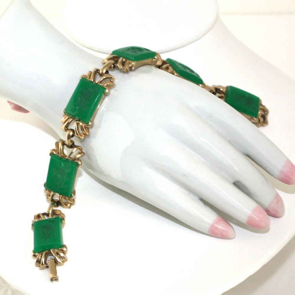 Vintage Green Intaglio Link Bracelet Warrior Knights - GeneralWhimsy2