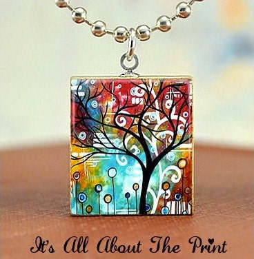 Scrabble Tile Art Pendant -Graffiti Tree- Scrabble Jewelry Charm- Free Silver Ball Chain Necklace