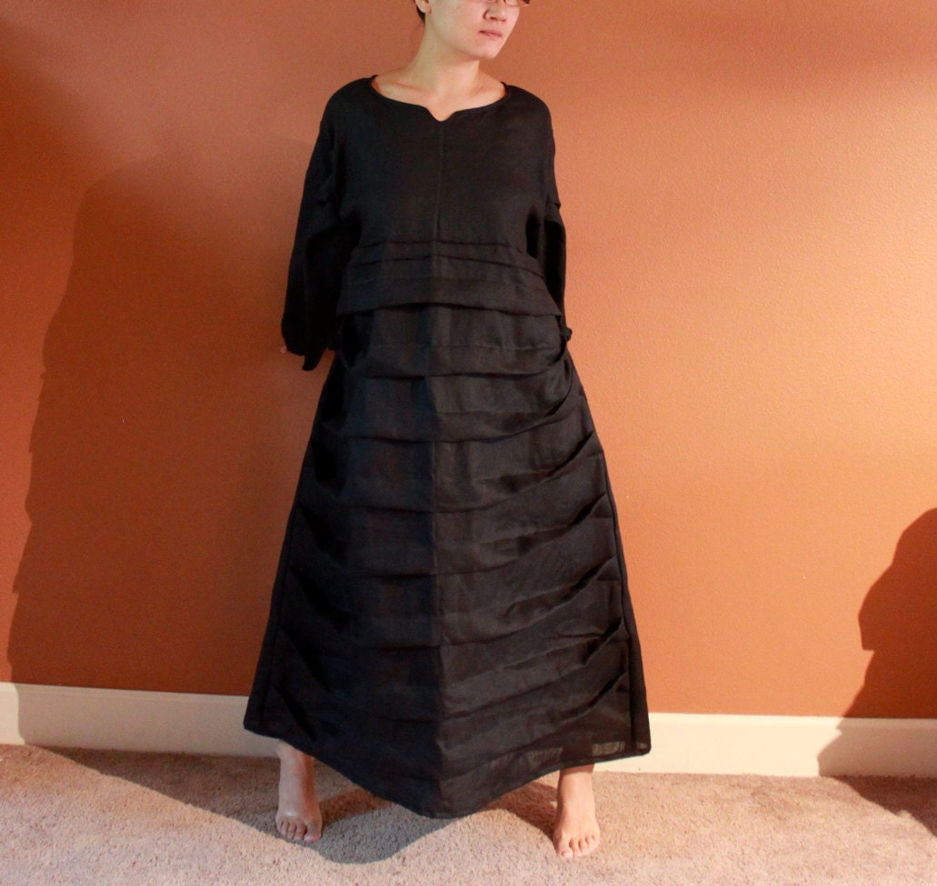 handmade to measure pleats roses folds  linen dress with sleeves