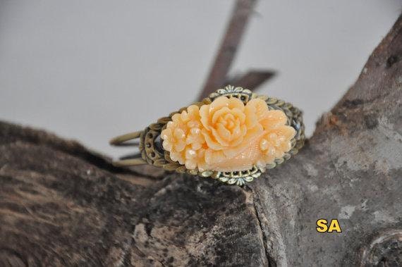 Weddings   Bridesmaids  amber resin  rose flower cuff bracelet