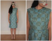 Vintage 60s Silk Sleeveless Wiggle Dress in Light Blue and Olive Green - sz M/L