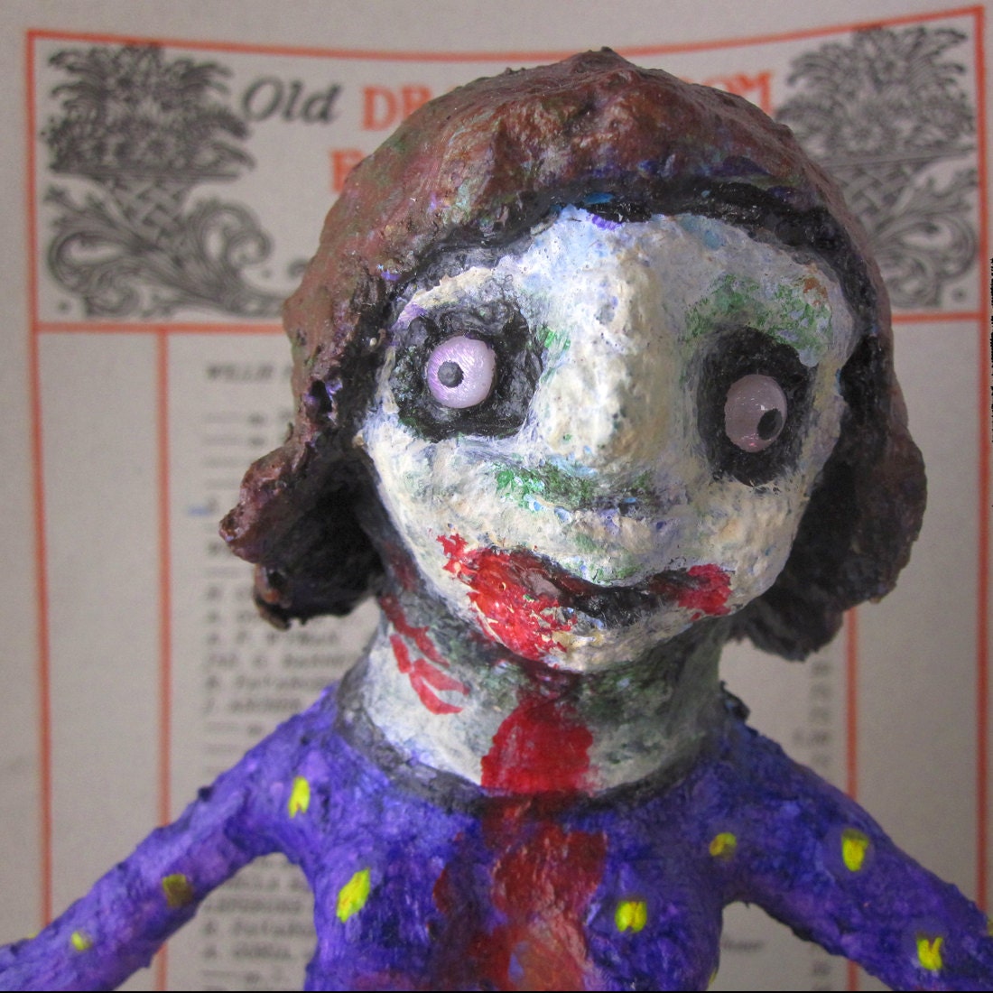 Zombie in Purple Dress, Paper mache paper clay hand painted OAAK primitive folk art figurine for home decor, Undead, creepy cute