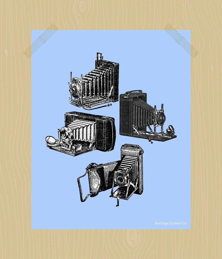 Vintage Cameras Printable 8 x 10 Digital Print Photography Light Blue and Black