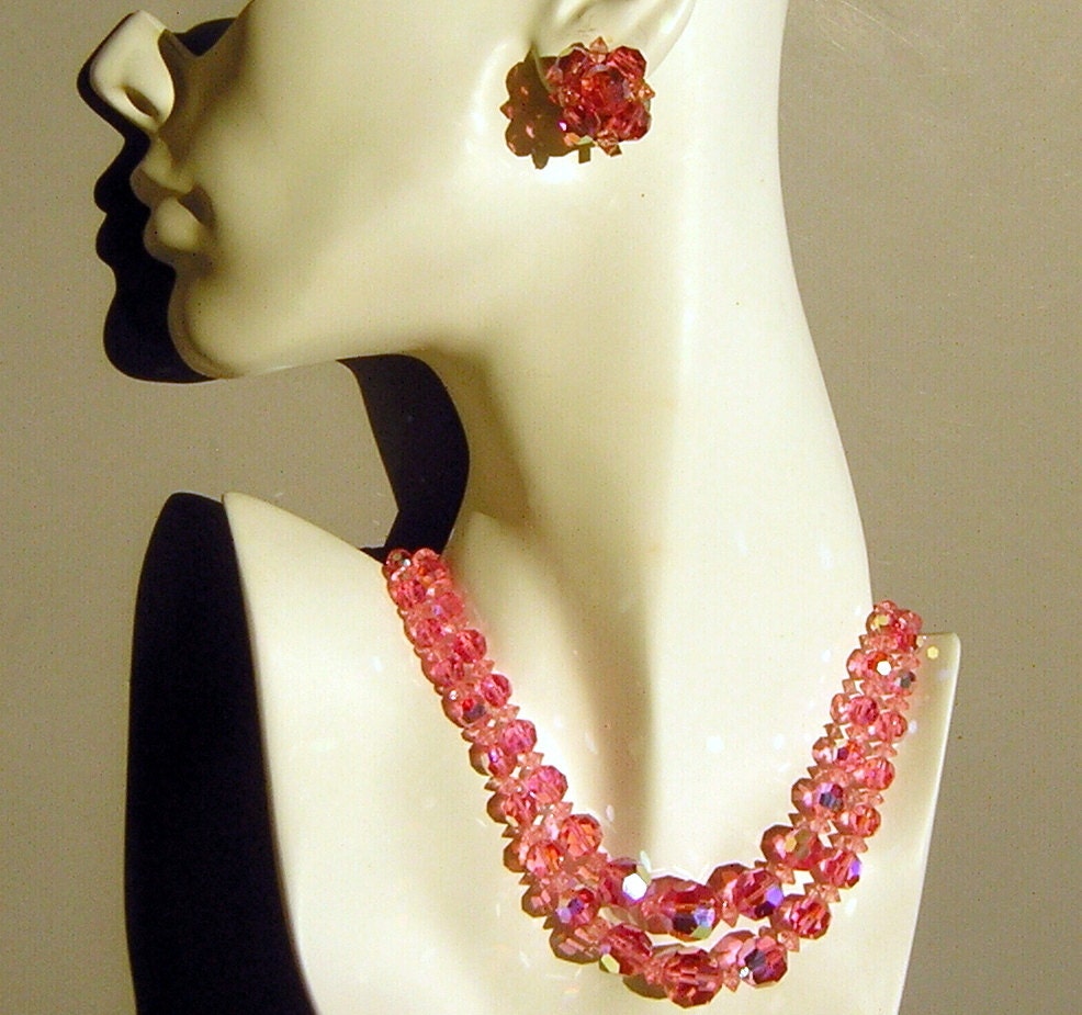 Vintage 50s 60s AB Pink MadMen Cocktail Jewelry - Demi Parure / Earrings Necklace Set - Hot Pink Fire & Ice