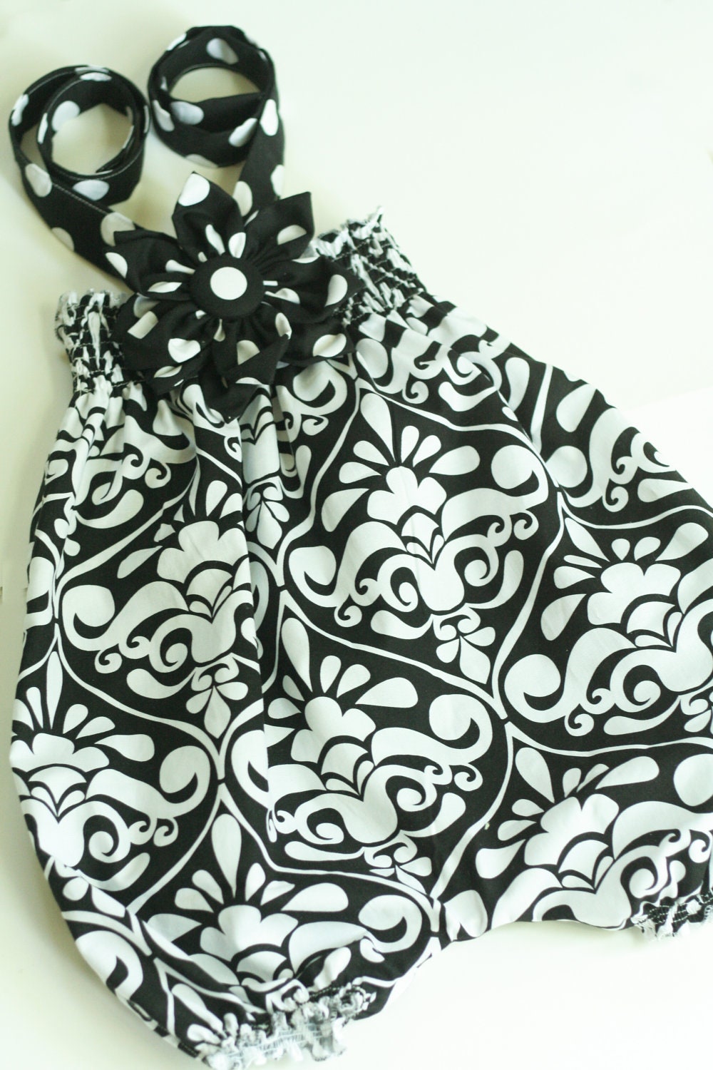 Bubble Romper with Detachable Hairflower, Damask