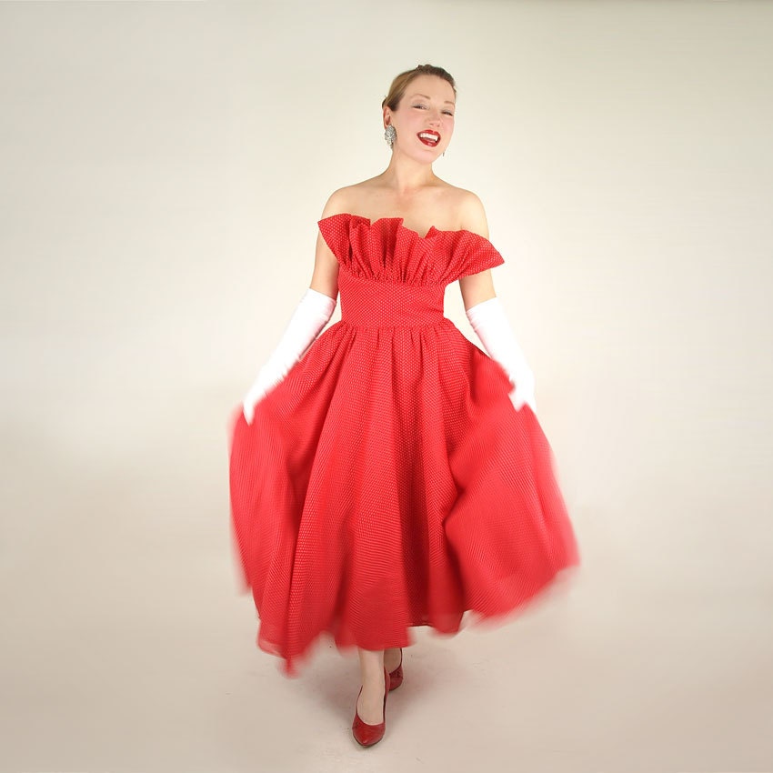 50s Red Dotted Swiss Strapless Full Skirt Dress with Dramatic Ruffle S