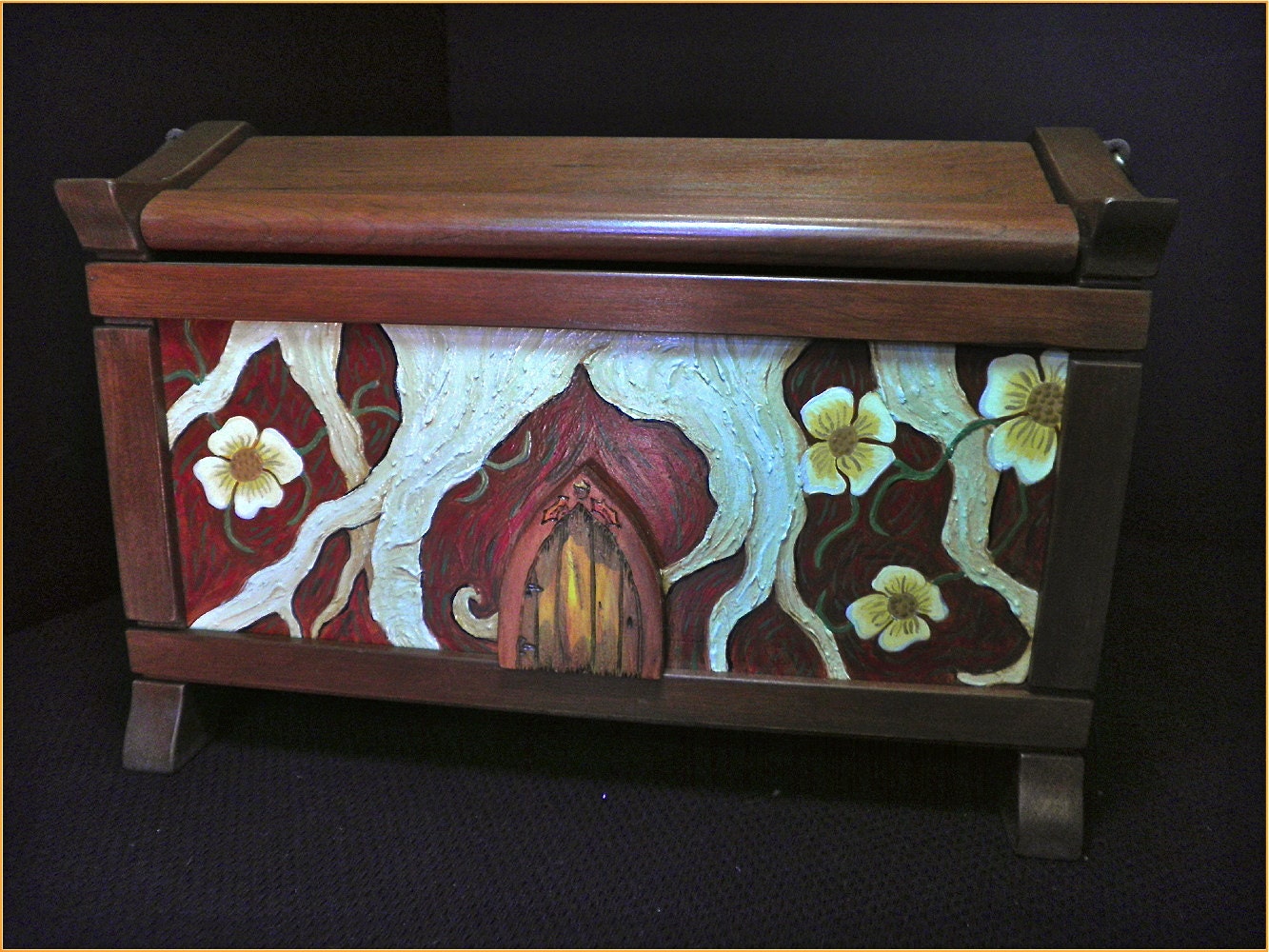 Magical Fairy Door Hand Painted Cherry Wood Hobbit Treasure Chest Shoulder Strap Memory Box
