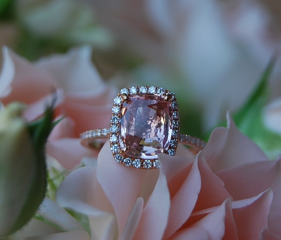3.1ct Cushion Peach sapphire Champagne sapphire 14k rose gold diamond ring engagement ring